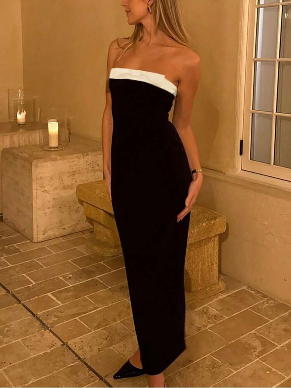 SHEIN Strapless Black & White Column Evening Dress Size Large